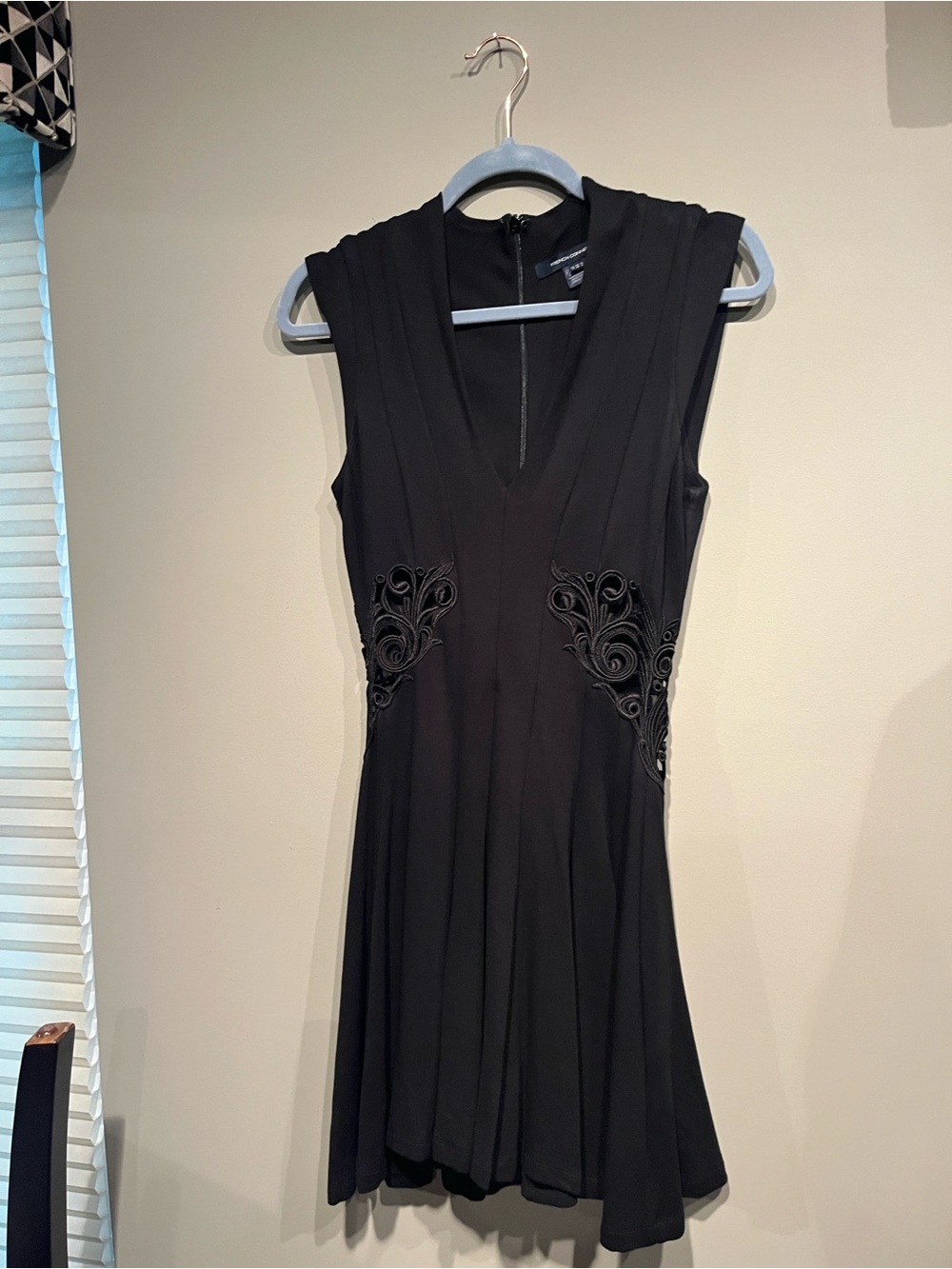 French Connection Black Sleeveless V-Neck Mini Dress with Side Embroidery